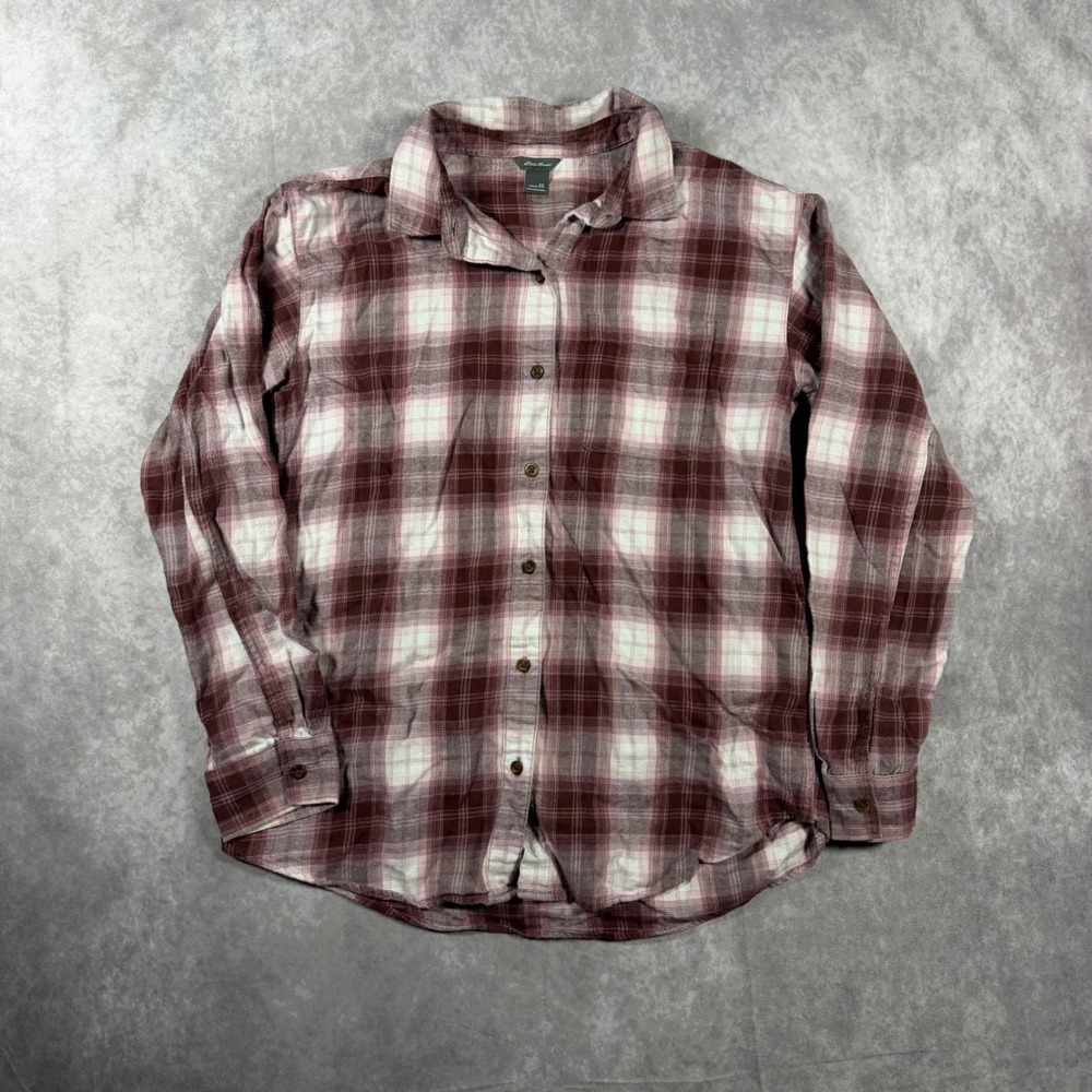 Eddie Bauer Womens XS Burgundy White Plaid Flannel Button Down Shirt Long Sleeve